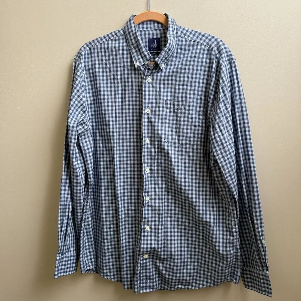 Johnnie-O Mens Long Sleeve Button Down Shirt Blue Plaid Surfer Logo Cotton Large